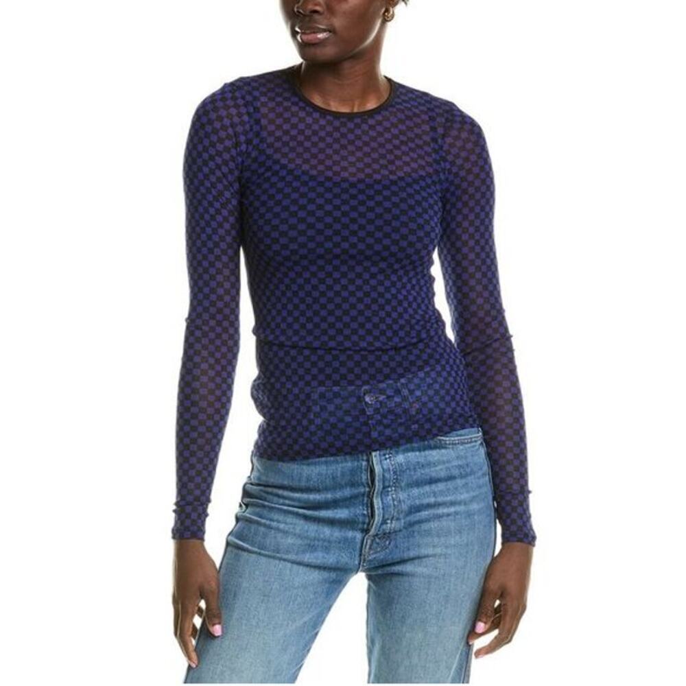 Enza Costa Check Print Long Sleeve Round Neck Sheer Top Blue Black Women's M